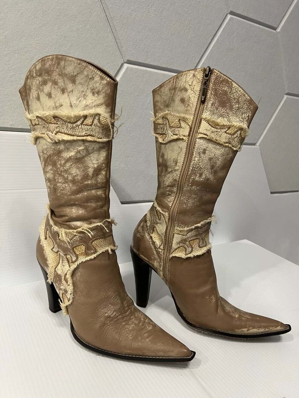 Vintage Italian Distressed Leather and Burlap Western Boots